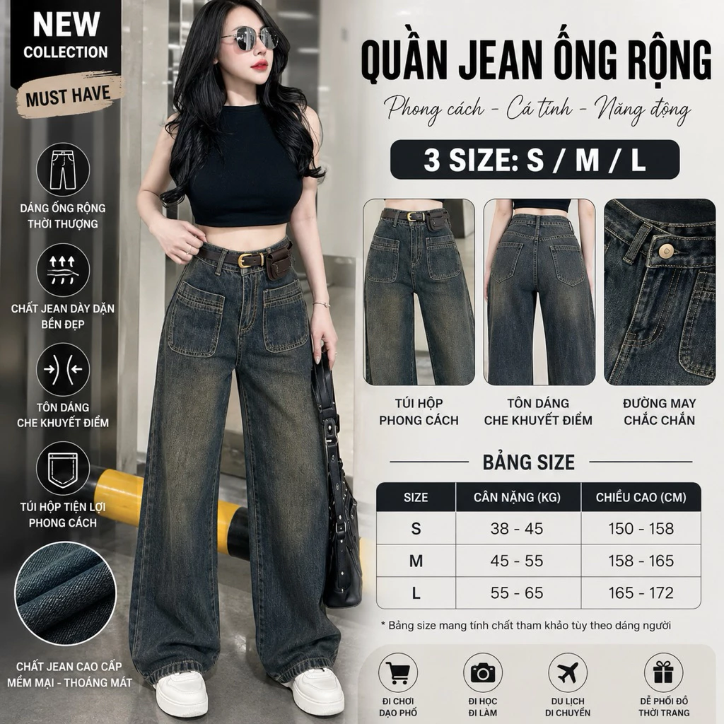 Quần Jeans suông nữ 2 túi trước . Quần bò ống rộng cạp cao phong cách