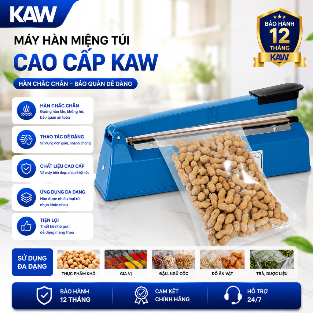 Máy hàn miệng túi KAW PFS 200 300 400 hàn nhanh, mối hàn kín bảo quản tốt