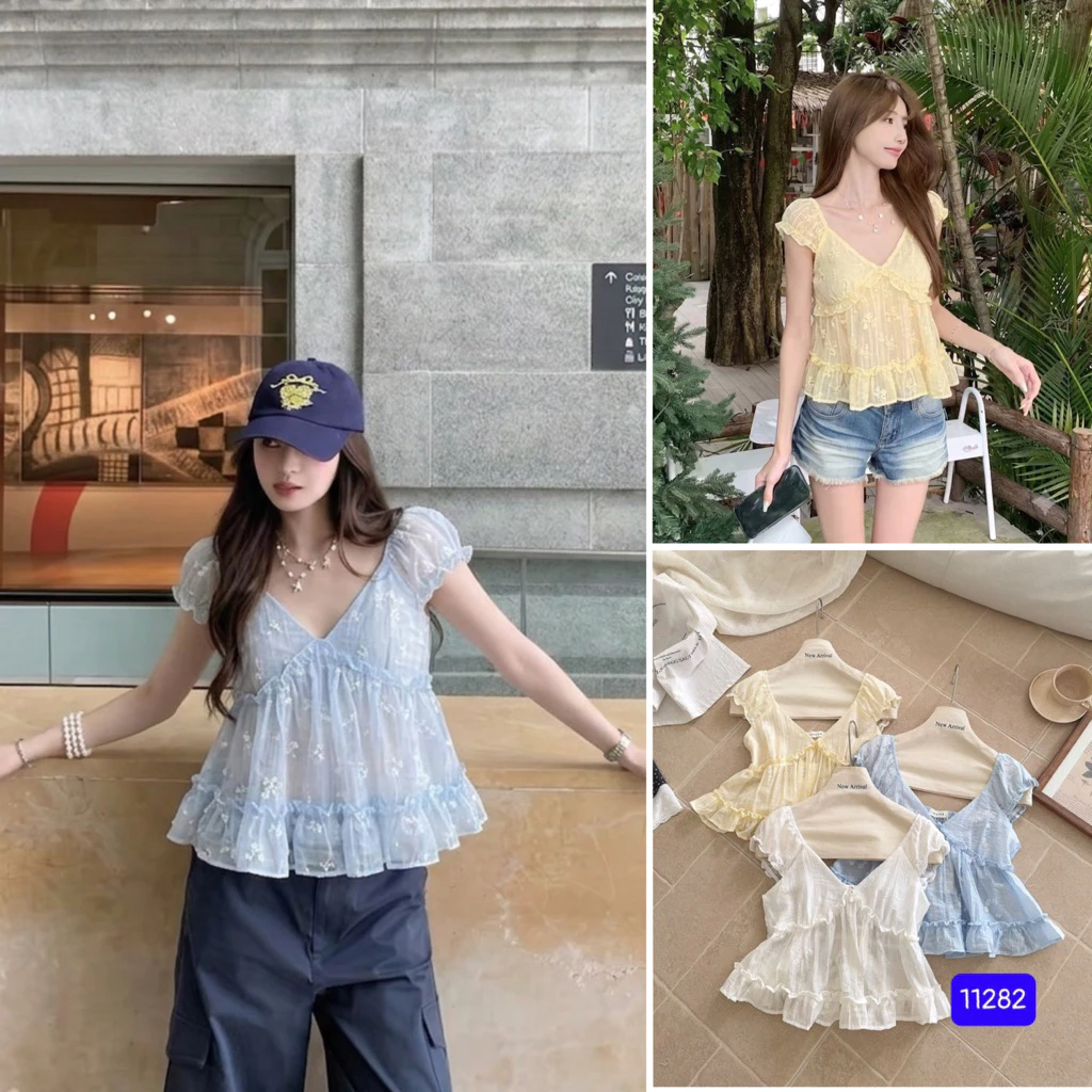 Áo tơ nhăn cổ V in hoa tay bèo AREUM TOP 11282 (phần ngực 2 lớp)