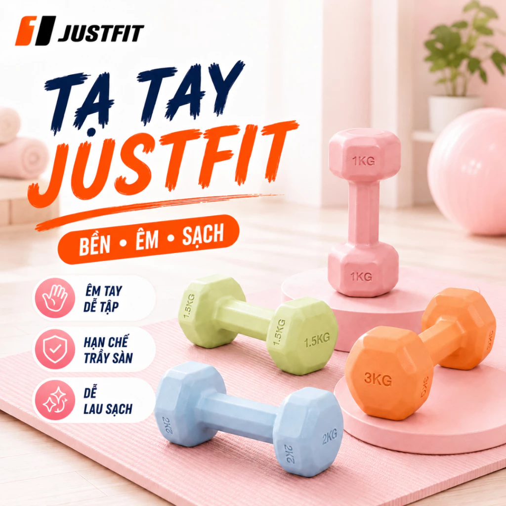 Tạ Tay JUSTFIT 1-3 KG Bọc Nhựa Chống Trơn Chống Lăn, Tạ Tập Gym Yoga Cardio Săn Chắc Cơ Tại Nhà
