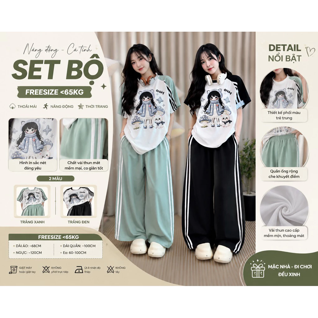 Set Bộ Nữ Áo Thun In Hình Cô Gái Nấm  Phối Tay Quần  Dài Sọc Ống Rộng Phong Cách Hàn Quốc