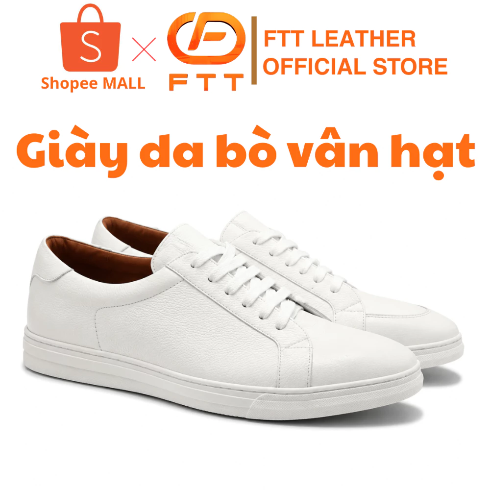 Giày Sneaker thể thao da bò vân hạt Fttleather cao cấp màu trắng đế đi êm ái hạn chế trơn trượt