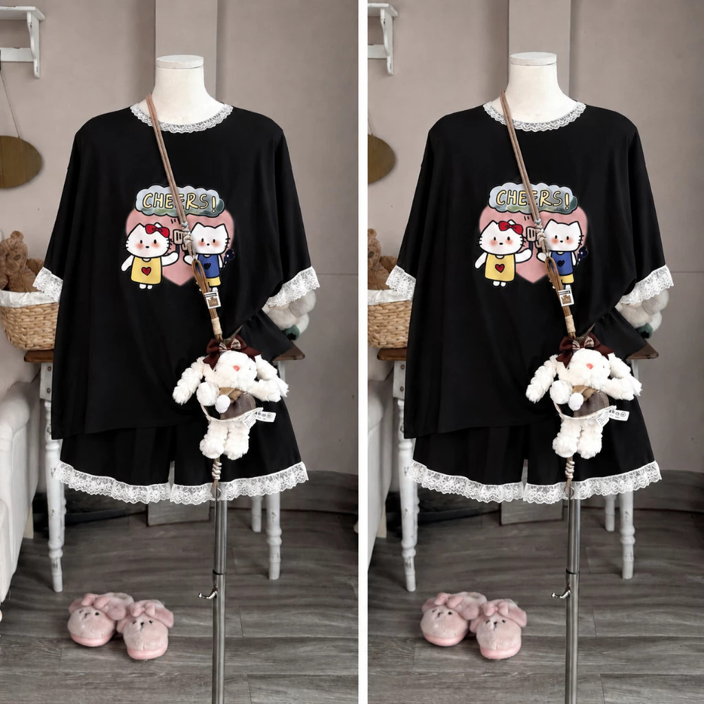 CHÍNH HÃNG Set bộ áo thun cổ tròn gấu đính nơ kèm quần đùi freesize form rộng cho nữ