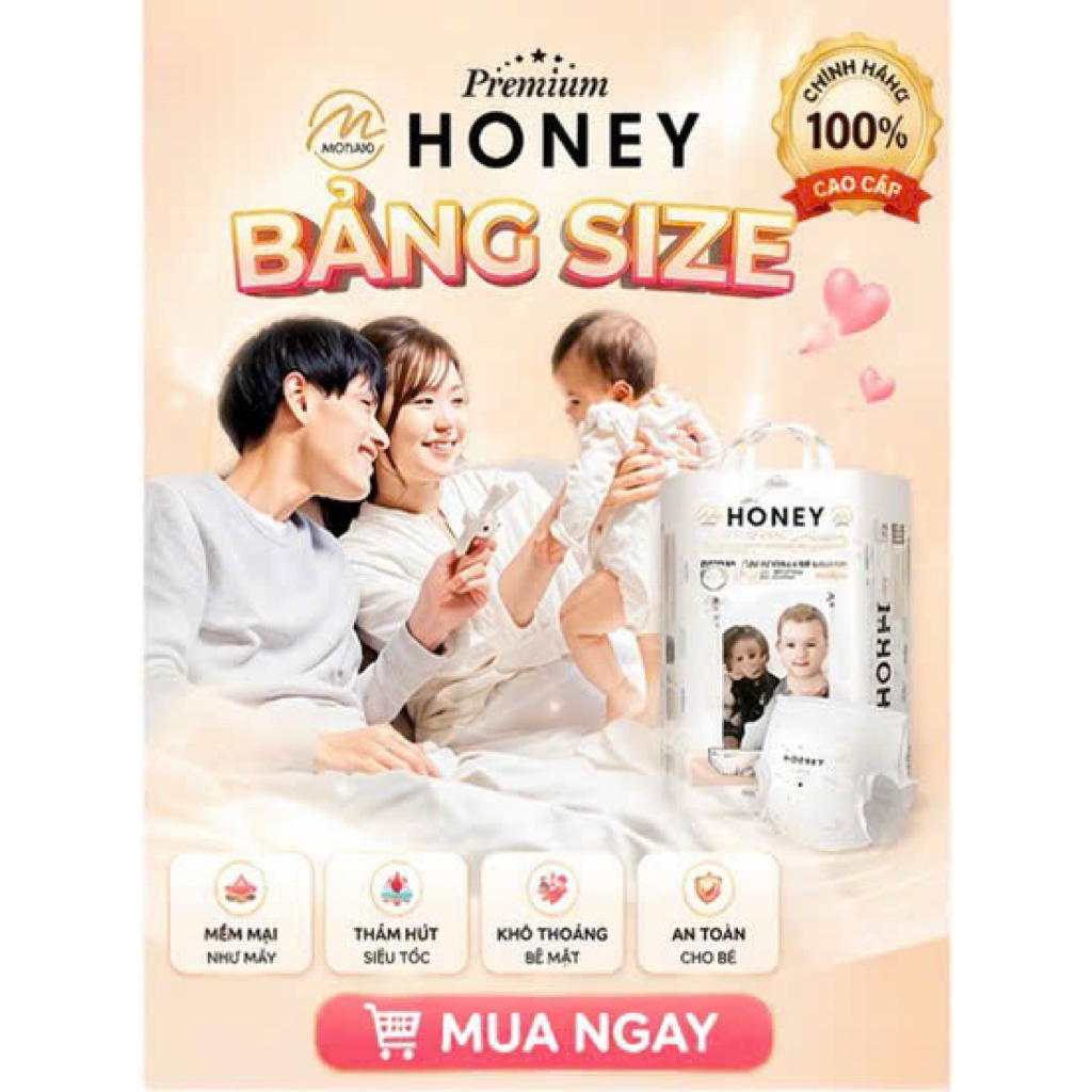 Tã/Bỉm HONEY PREMIUM dán quần size Nb/S/M/L/XL/XXL/XXXL
