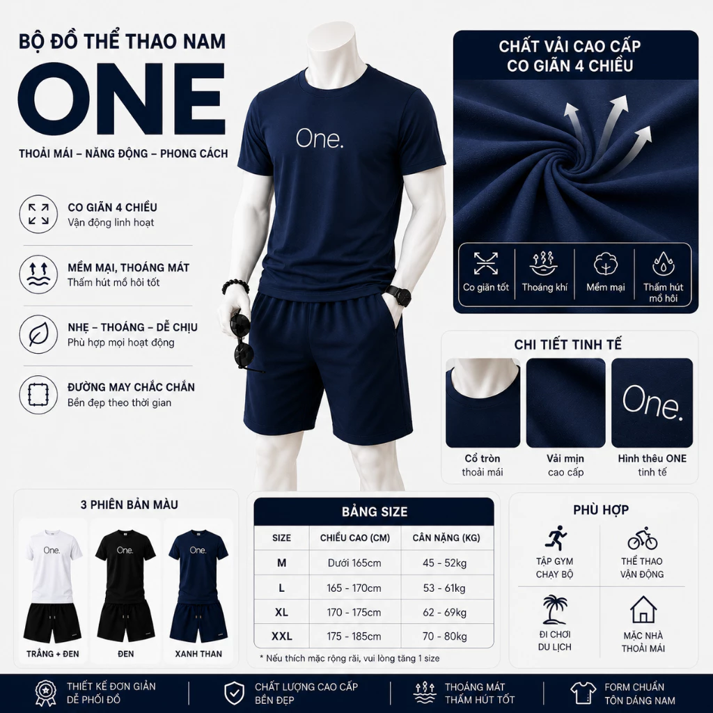 [005] Bộ Thể Thao Nam Áo Thun cổ tròn thêu  ONE + Quần Short Nam / chất vải Co Giãn 4 Chiều, Mềm Mát, Thoáng Khí