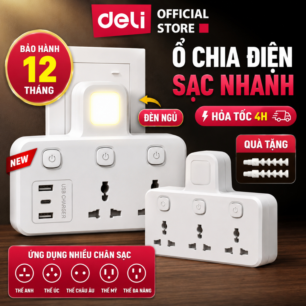 Ổ Chia Điện Đa Năng Deli Ổ Cắm Chia Điện 2500W Tích Hợp Cổng USB &TypeC Sạc…