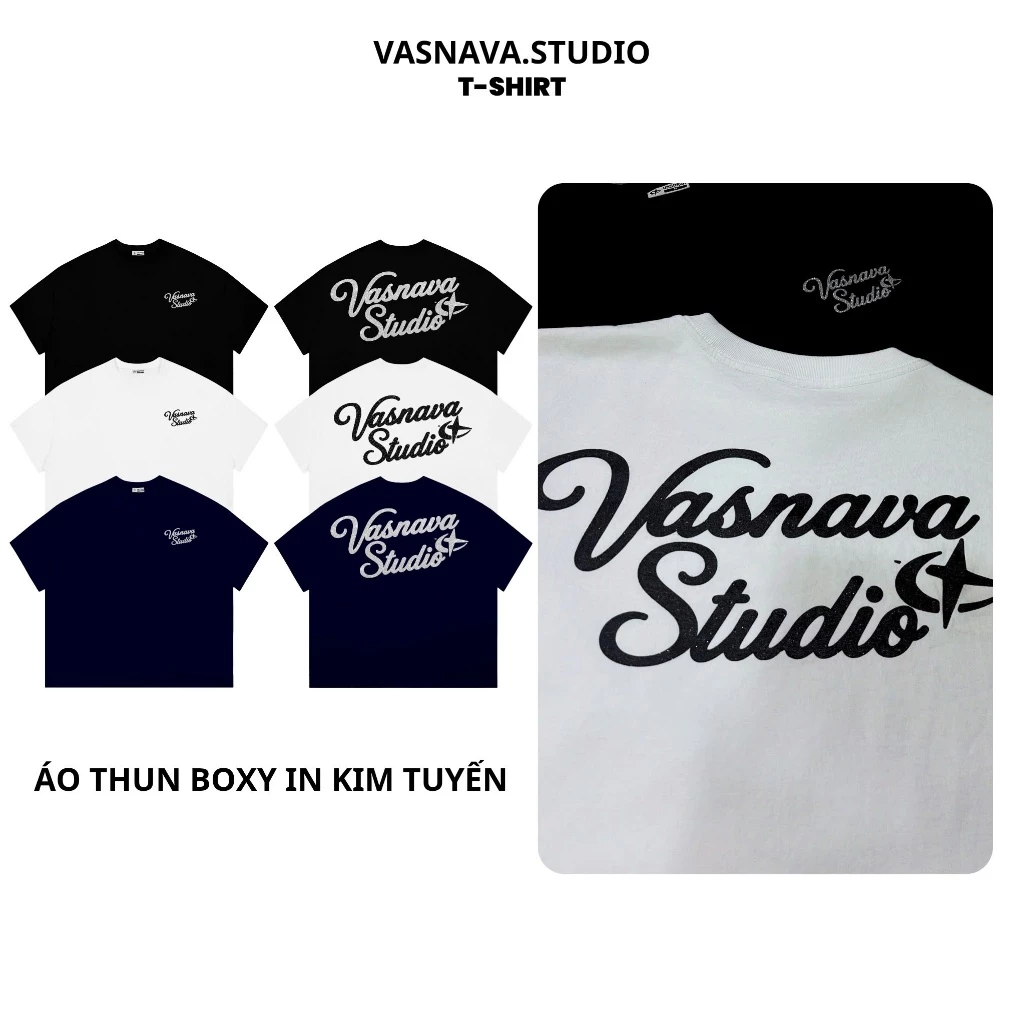 Áo Thun Boxy In Kim Tuyến Vasnava Bling - Cotton Nam Nữ Form Boxy Tay Lỡ Oversize Cổ Tròn Cotton 260gsm co giãn 2 chiều