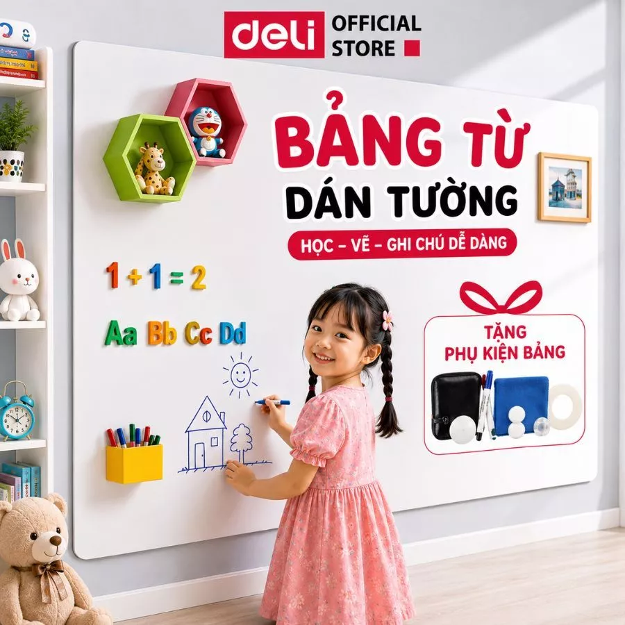 [TẶNG KÈM BỘ PHỤ KIỆN] Bảng Trắng Dán Tường DELI Bảng Từ Nam Châm Trắng Nhiều Kích Thước Viết Bút Lông Dễ Dán