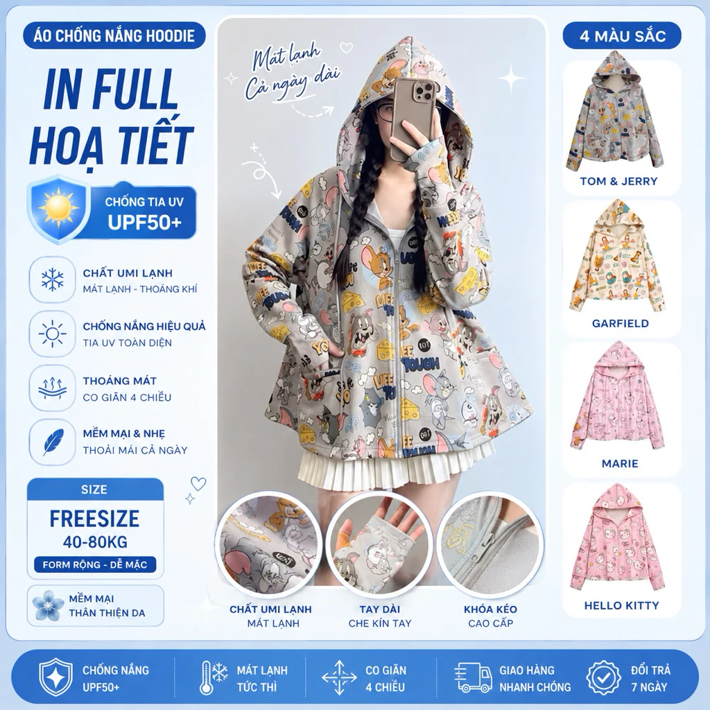 Áo khoác chống nắng nữ hoodie form rộng dáng thụng xòe, in hình hoạt hình dễ thương chất Umi lạnh Freesize 40-80kg