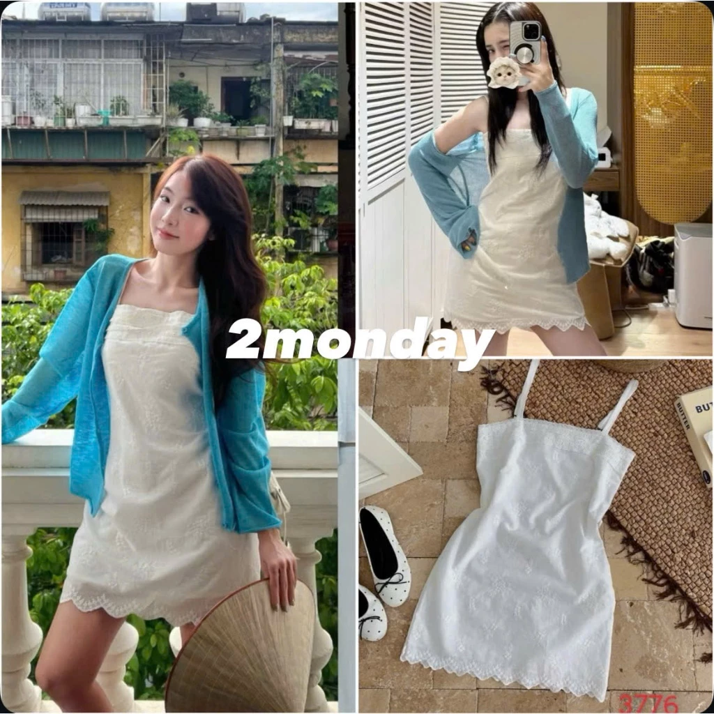 [HÀNG LOẠI 1/ SẴN] VÁY HAI DÂY TRẮNG THÊU HOA VIỀN REN THẮT EO SIÊU XINH 2MONDAY S80