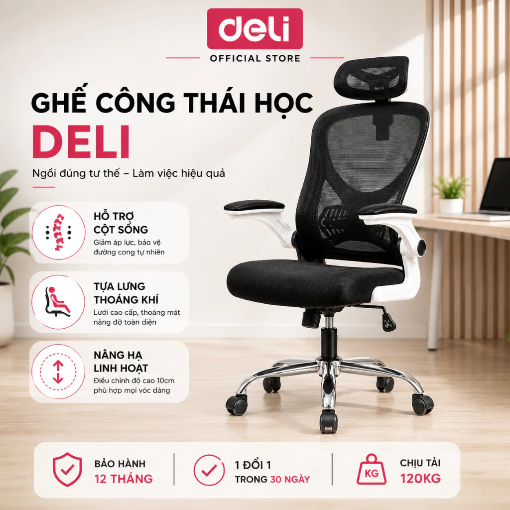 Ghế Công Thái Học Deli Cao Cấp Tựa Đầu 3D, Tựa Tay Điều chỉnh hỗ trợ cổ và cột sống chuẩn tư thế