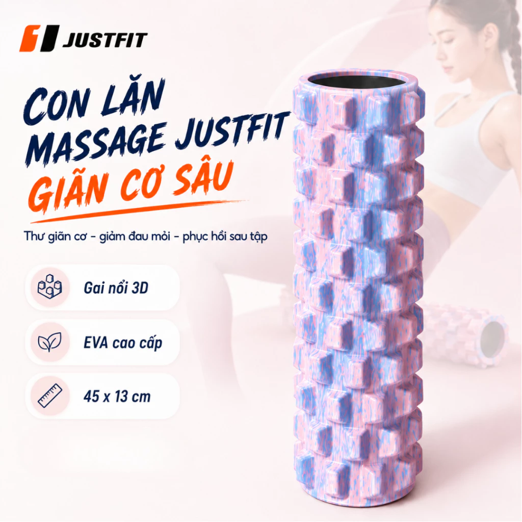 Con Lăn Massage 3D JUSTFIT 45x13cm Gai Nổi Giãn Cơ Sâu, Foam Roller Thư Giãn Vai Lưng Chân Sau Tập