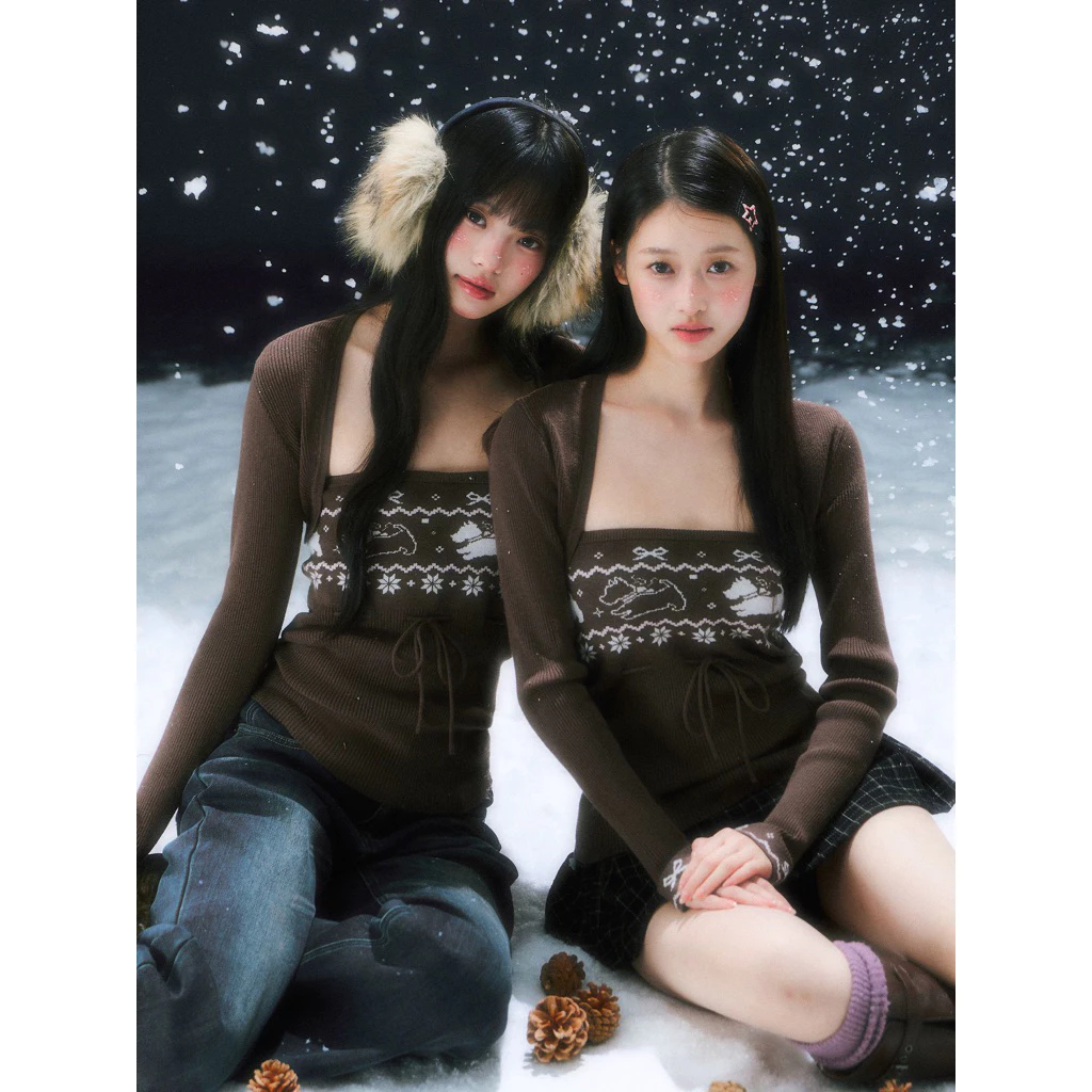 Set áo len nữ 2 món cardigan dệt kim phối áo len họa tiết Fair Isle màu nâu cà form rộng