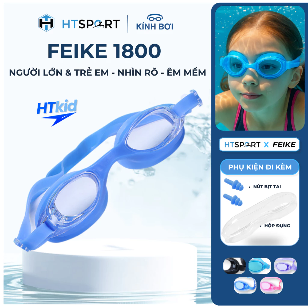 Kính Bơi Người Lớn Trẻ Em FEIKE FK1800, Mắt Kính Bơi Nam Nữ Chống Sương Mù Chính Hãng KÈM MÚT TAI