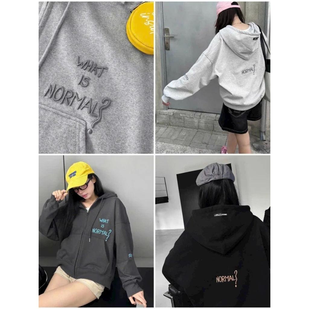 Áo Khoác Zip Hoodie WHAT IS NOMAL Chất Thun Nỉ Len Dài Tay Phồng Kiểu Form Boxy Jacket Menswear Chống Nắng Top Màu Xám
