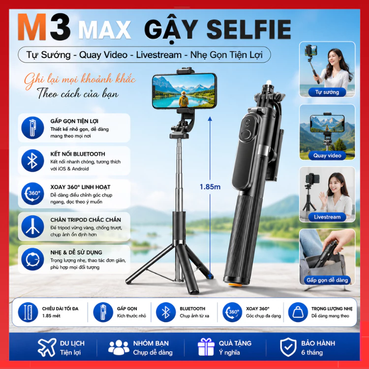 Gậy Chụp Ảnh Tripod Bluetooth M3 / M2 / X5 Max Cao Đến 1.85m Có Remote Điều Khiển Từ Xa 3 Trong 1 Chân Đế Khung Kim Loại