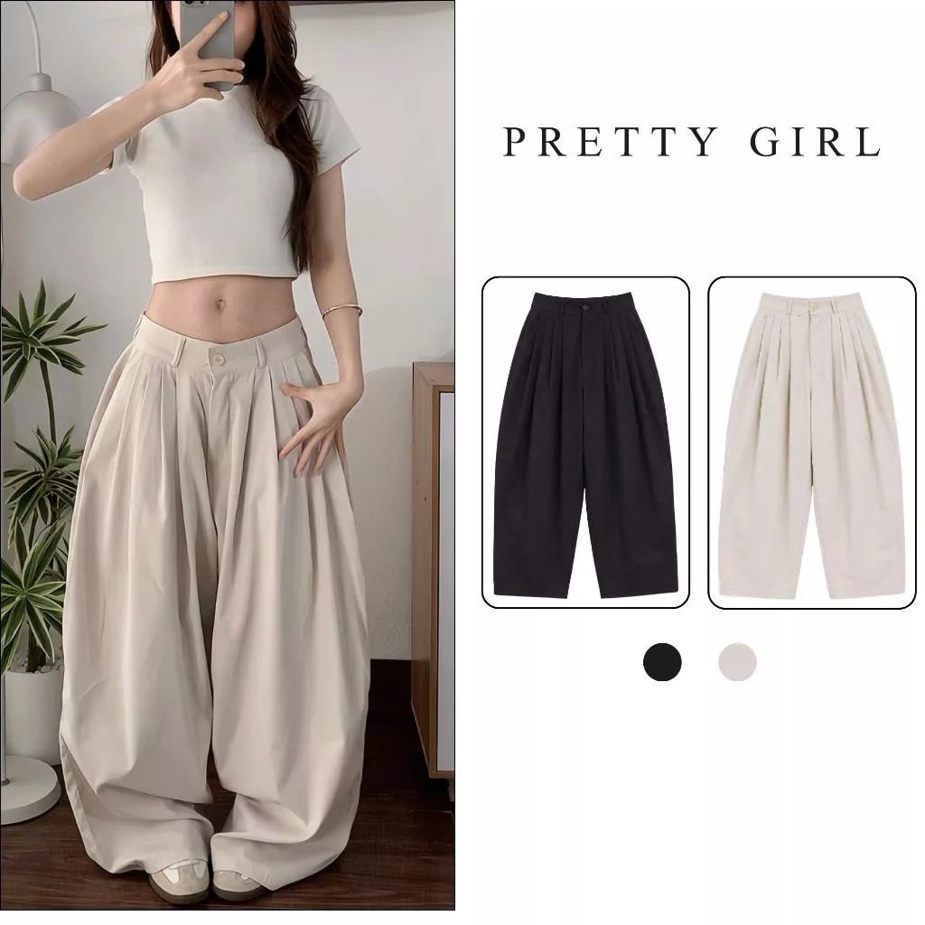 Quần Kaki Nữ Xếp Ly Form Thụng Ver 3 Pretty Girl, Vải Kaki 2 Da Mềm Đứng Form, Quần Ống Rộng Cạp Cao Tôn Dáng