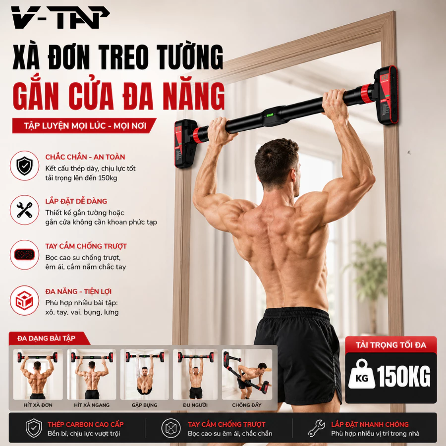Xà Đơn Gắn Cửa V-TAP Thiết Kế Chống Trơn Trượt, Xà Đơn Chất Liệu Thép Chịu Lực Cao Cấp