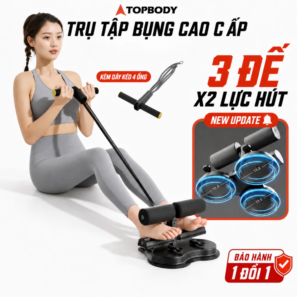 Dụng Cụ Tập Cơ Bụng Tại Nhà Kèm Dây Kéo 4 Ống Đế Hút Chân Không Bám Sàn Chắc Chắn TOPBODY-TBUNG
