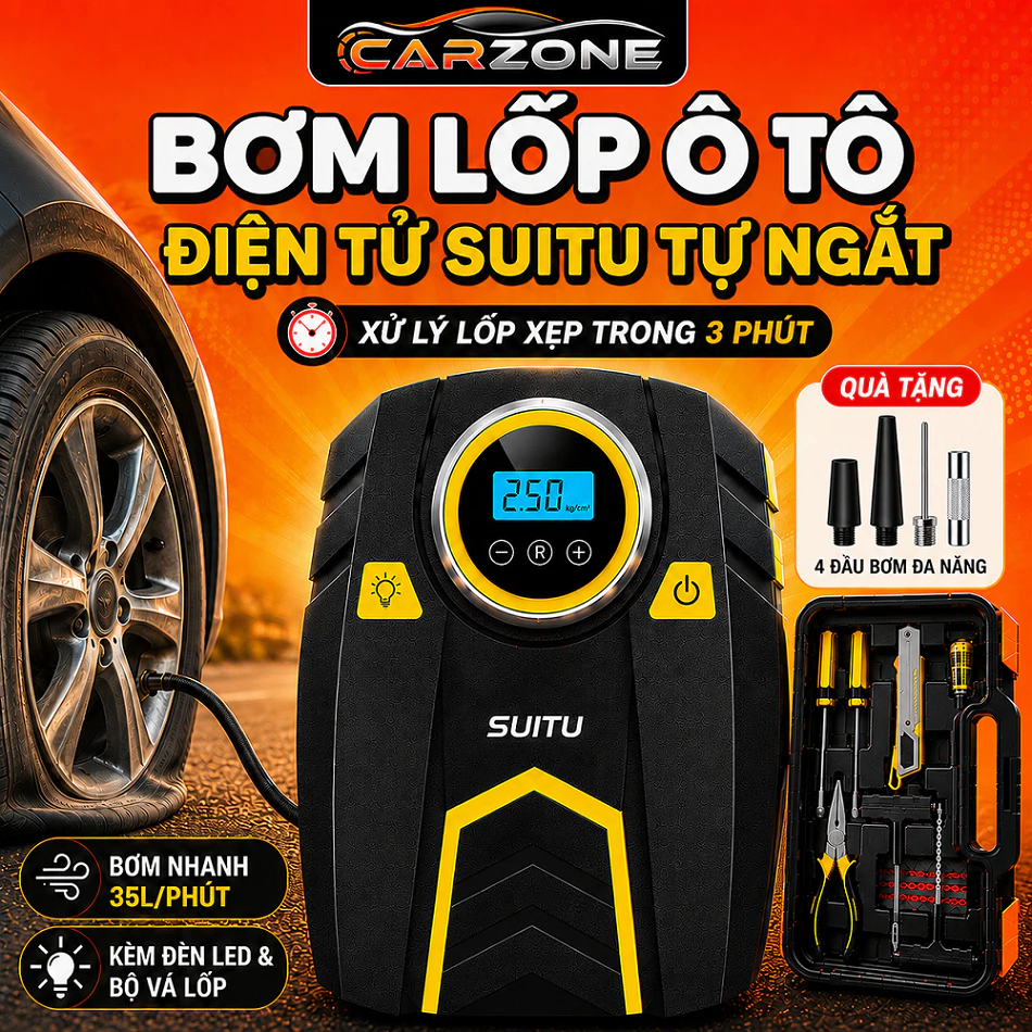 Bơm Lốp Ô Tô Điện Tử CARZONE SUITU ST-5002 Tự Ngắt 12V Kèm Đèn LED & Bộ Vá Lốp Đa Năng