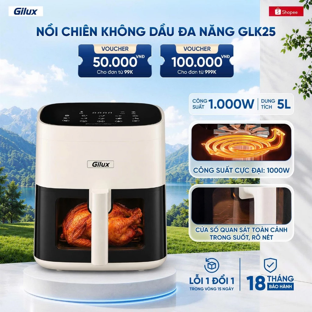 Nồi Chiên Không Dầu Đa Năng Gilux 5L GLK25 - Công Suất 1000W - Cửa Kính Quan Sát - Bảo Hành Chính Hãng 18 Tháng