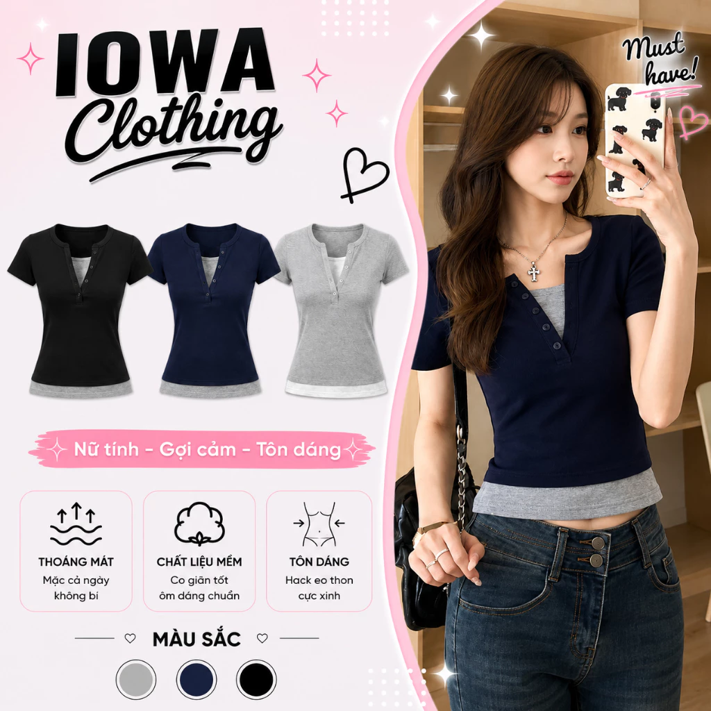 Áo Thun Nữ Tay Ngắn Cổ Trụ Phối 2 Lớp Cài 4 Nút IOWA DD74 - Thun Gân Co Giãn, Thoáng Mát