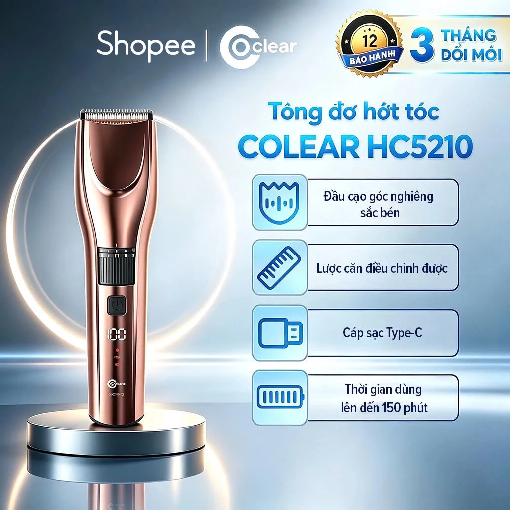 Tông đơ cắt tóc điện COCLEAR HC5210, cổng Type-C, lưỡi dao góc nhọn tự mài, 20 mức điều chỉnh. Bảo hành một năm