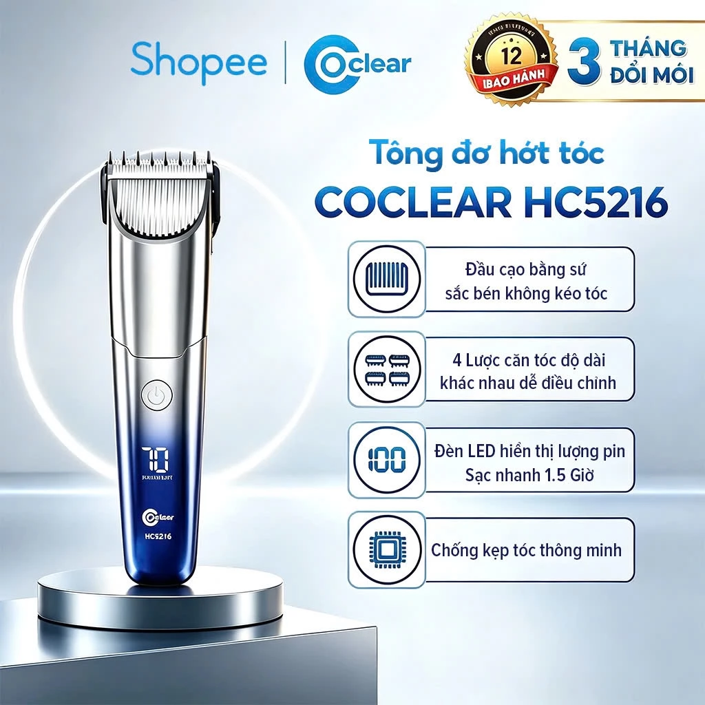 Tông đơ cắt tóc điện COCLEAR HC5216, tông đơ cắt tóc cho tiệm cắt tóc, sạc Type-C, lưỡi dao gốm. Bảo hành một năm