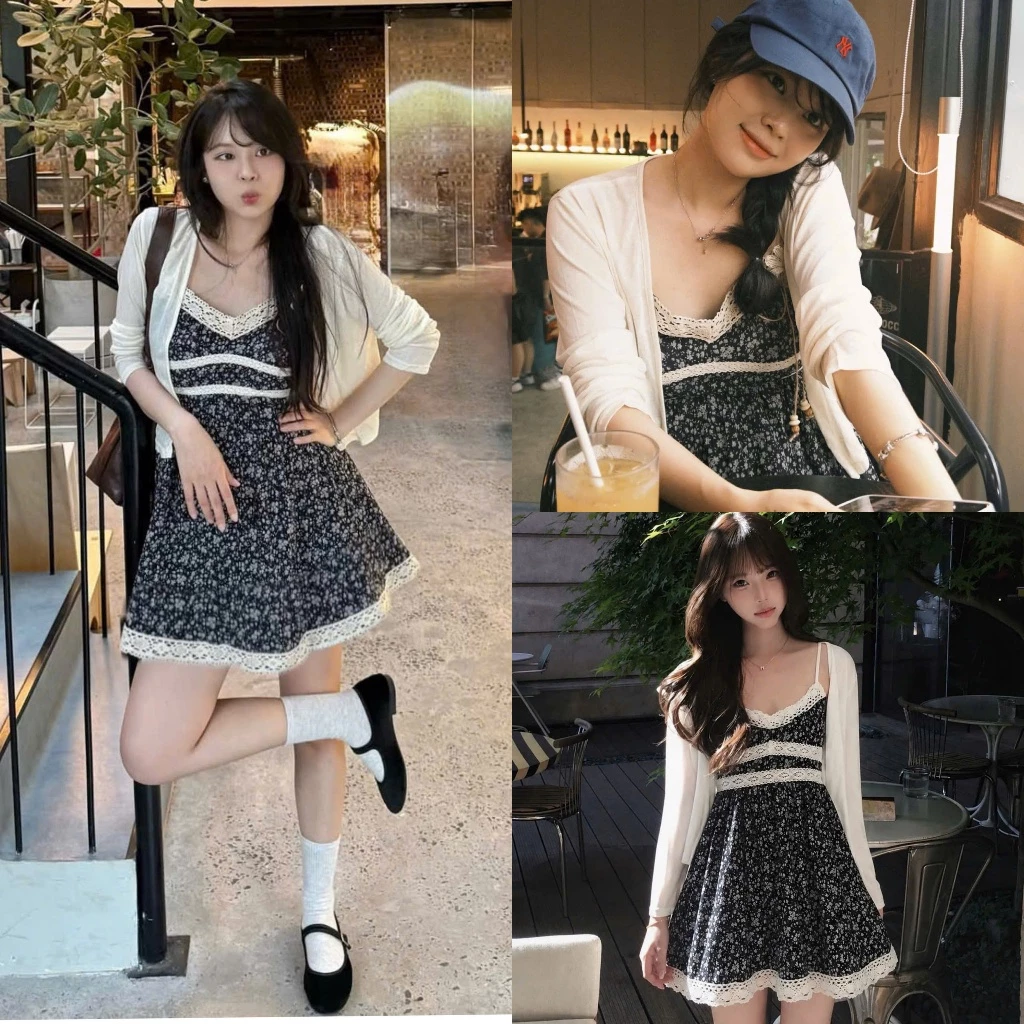 (S.02): Set Váy 2 Dây có Điều Chỉnh Hoa Nhí Đen Phối Viền Ren Lượn Sóng Mix Kèm Áo Khoác Cardigan Phong Cách Hàn Lollaye