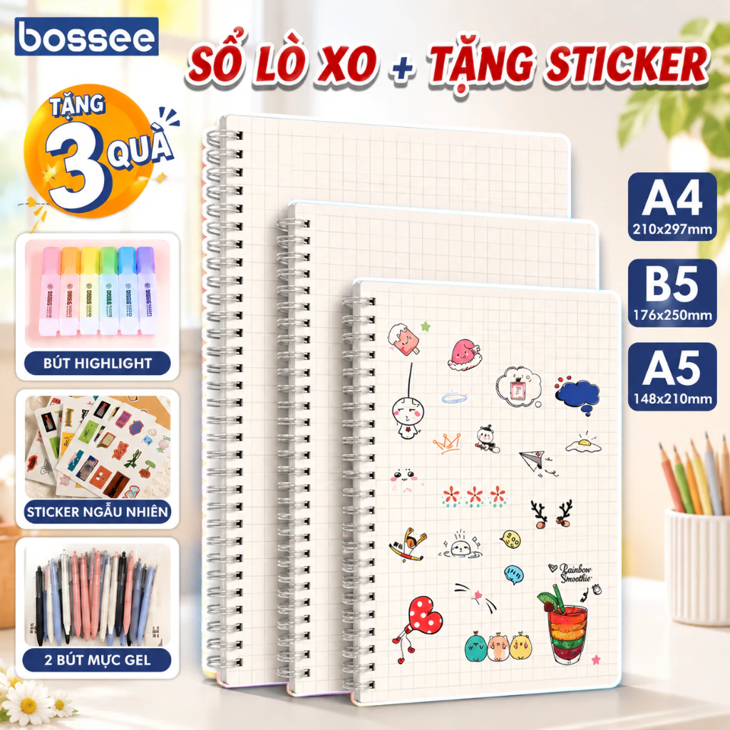 [ TẶNG 4 MÓN ] Sổ Lò Xo Kép Bìa Trong 160 Trang A5, B5, A4, Vở Kẻ Ngang, Ô caro, Giấy Trắng Chống Loá Viết Chữ Đẹp