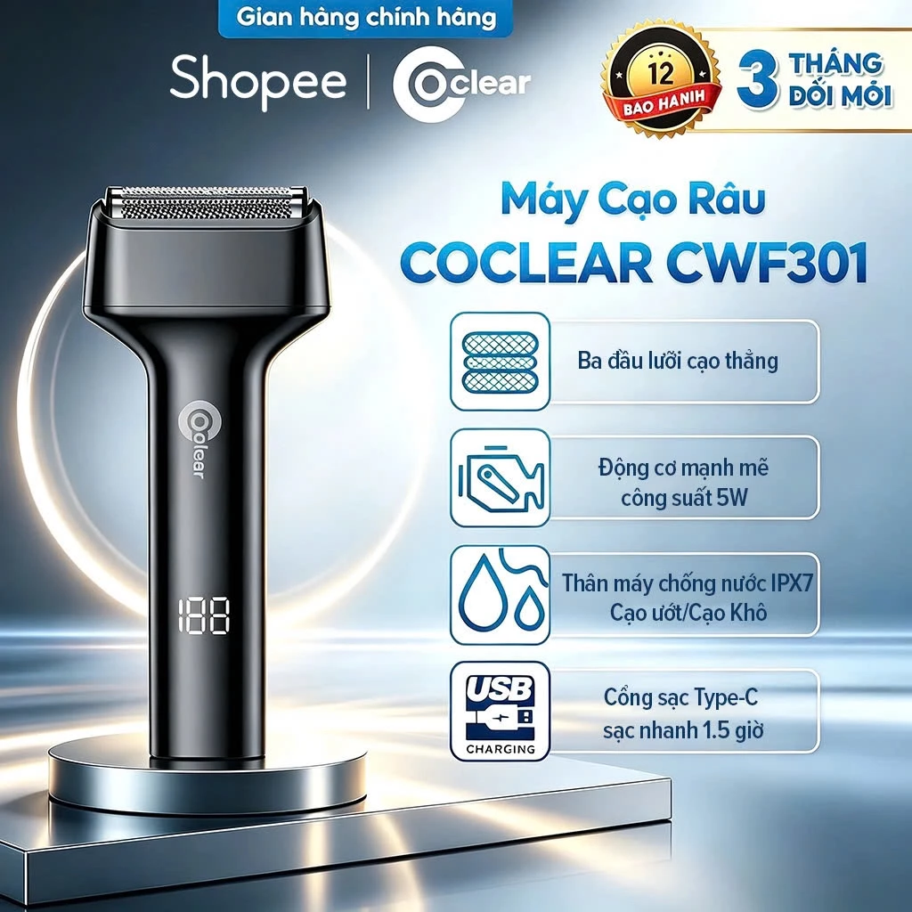 （LIVE) Máy cạo râu điện lưỡi thẳng Coclear CWF301 với 3 cụm lưỡi cạo, cạo ướt và khô, sạc nhanh Type-C