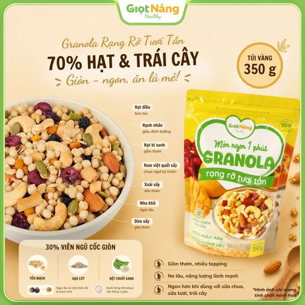 [Live] Granola Giọt Nắng Túi Vàng 350g Hạt Ngon Giòn Với Viên Yến Mạch Trái Cây Mới Từ Nông Sản Giọt Nắng Dịp Tết Trung