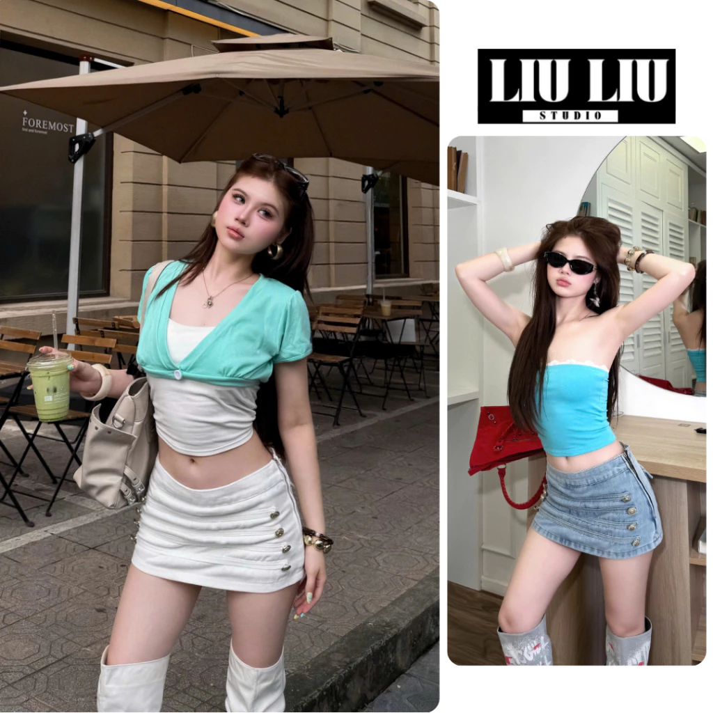 LIULIU STUDIO Chân váy jean L50 ôm chữ a xếp ly ngang đính cúc đôi cạp cao dáng ngắn y2k nữ 2 màu xanh trắng