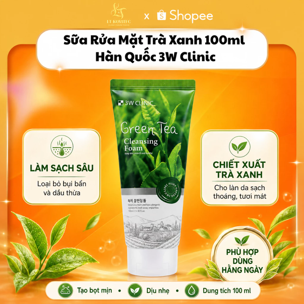 Sữa Rửa Mặt Trà Xanh 3W Clinic Green Tea Cleansing Foam 100ml Hàn Quốc Làm Sạch Da, Kiểm Soát Dầu