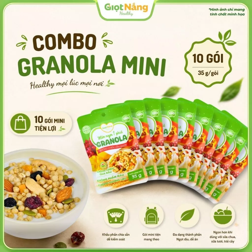 [Combo 10 Gói 35G] Granola Mới Ăn Sáng Healthy Lành Mạnh Với Hạt Và Trái Cây Từ Nông Sản Giọt Nắng Dịp Tết Trung Thu