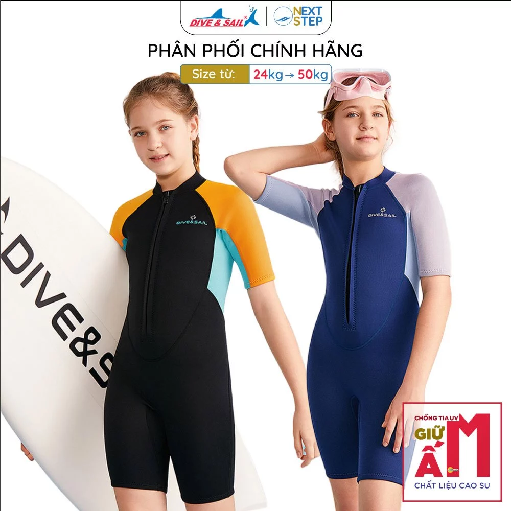 Đồ bơi giữ nhiệt bé gái Dive and Sail size 24kg - 50kg | Mẫu tay ngắn quần ngắn giữ ấm rât tốt