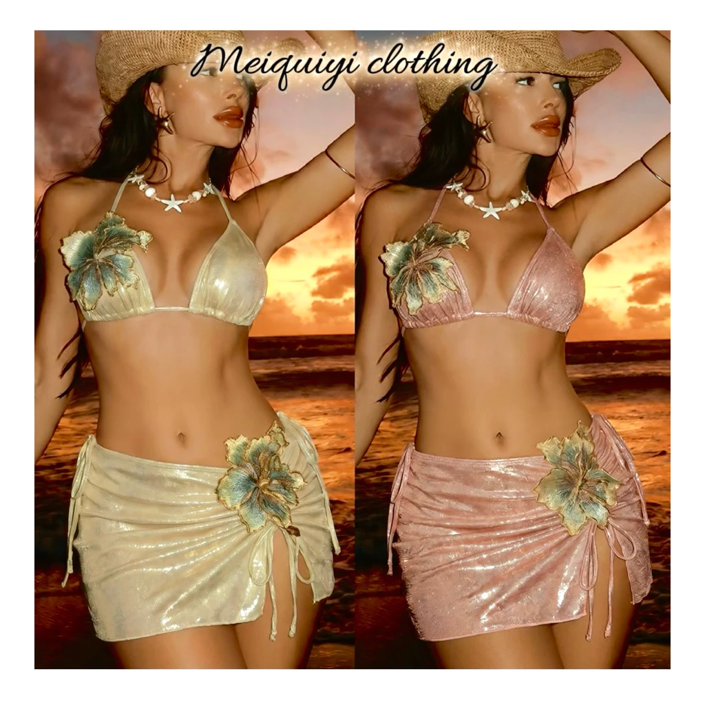 𝓜𝓮𝓲𝓺𝓾𝓲𝔂𝓲🥝 Bộ bikini 3 mảnh đính hoa blingbling phong cách gợi cảm Châu Âu quyến rũ