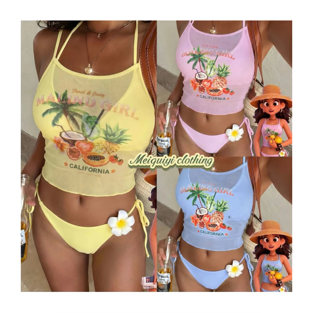𝓜𝓮𝓲𝓺𝓾𝓲𝔂𝓲🥝 Set bikini món hoa quả mùa hè kèm áo lưới mỏng cho nữ, năng động trẻ trung