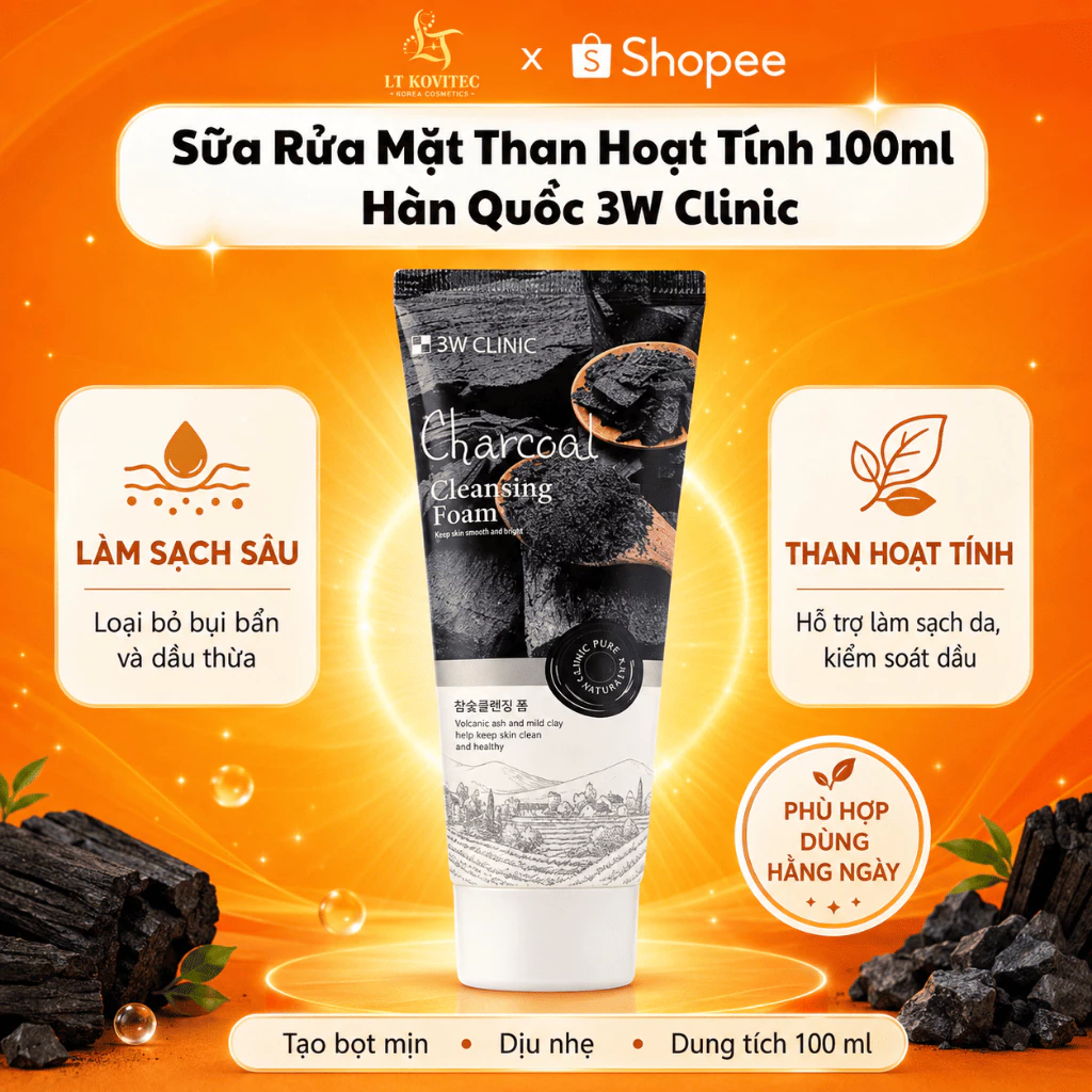 Sữa Rửa Mặt Than Hoạt Tính 3W Clinic Charcoal Cleansing Foam 100ml Hàn Quốc Làm Sạch Da, Kiểm Soát Dầu