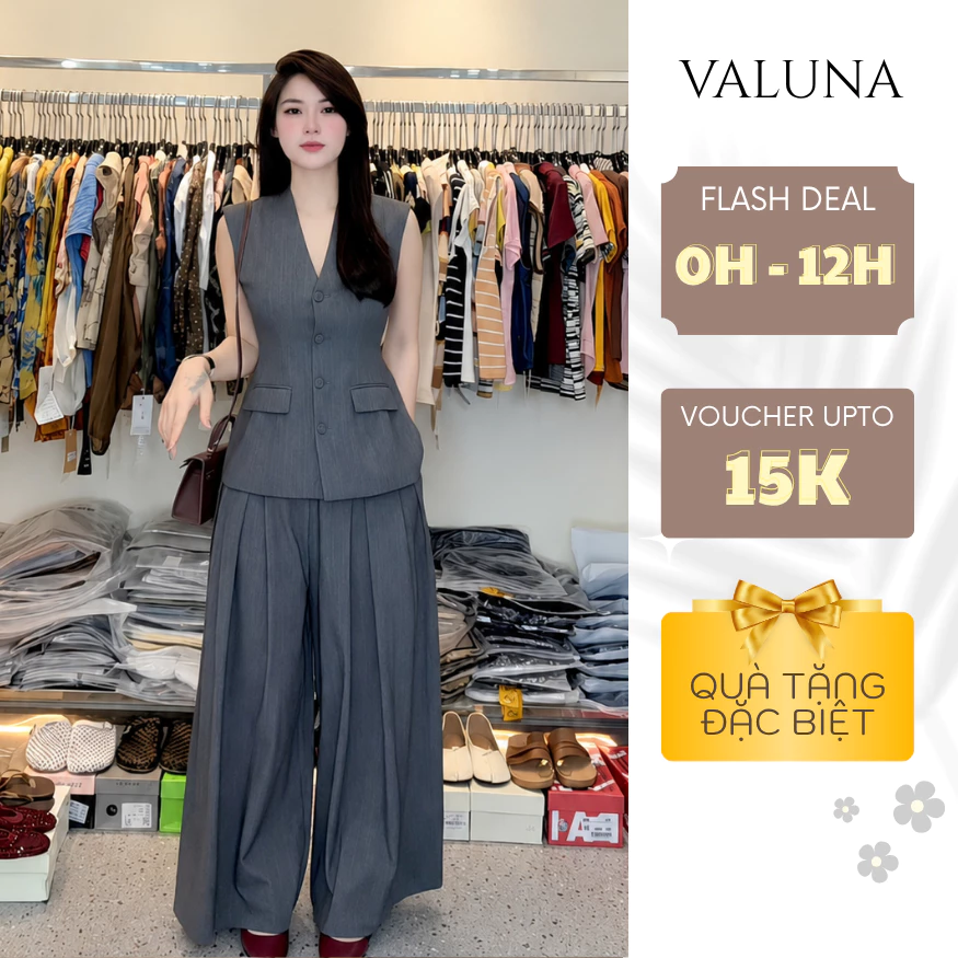 Set áo gile cổ V sát nách phối quần suông ống rộng công sở thanh lịch cao cấp VALUNA STORE 2724