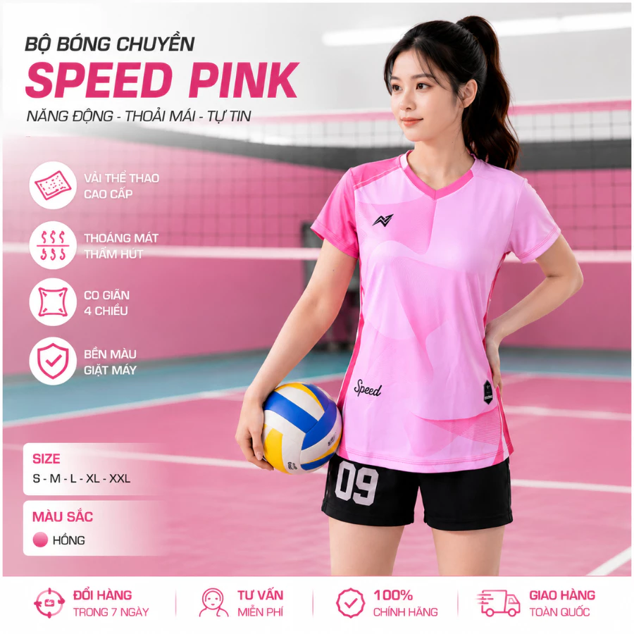Bộ quần áo bóng chuyền, áo thể thao MÀU HỒNG speed in tên số theo yêu cầu, chất vải mè co giãn