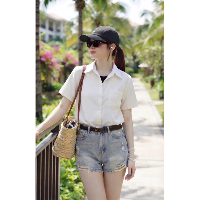 Áo Sơ Mi Nữ Tay Ngắn Thiết Kế 1 Túi Trẻ Trung ,Xinh Xắn AM88