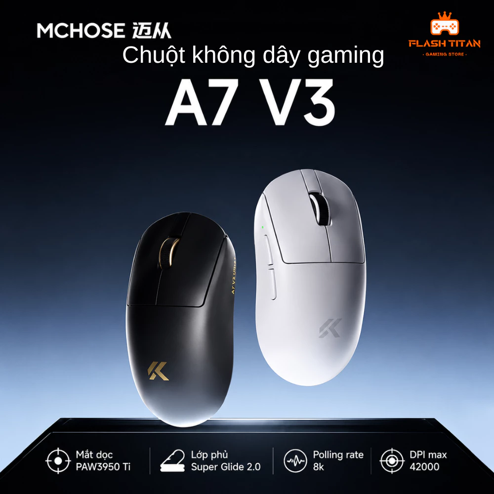 Chuột Không Dây Gaming Mchose A7 V3 - Pin 500mAh, Trang Bị Chip PAW3950 Ti - Polling rate 8k - Chơi Game FPS,văn phòng