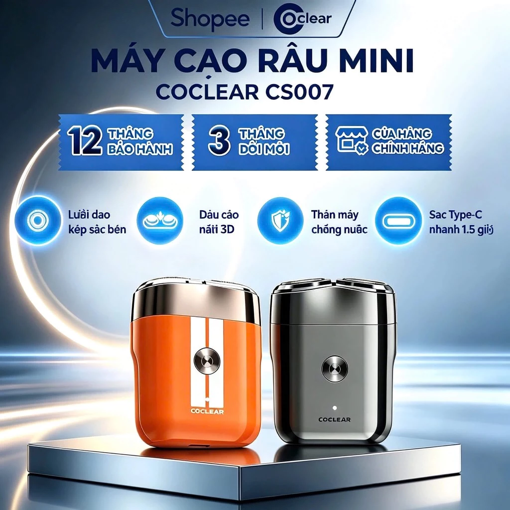 Máy cạo râu mini coclear CS007 thiết kế động cơ tốc độ cao, cạo khô và nước, pin sử dụng đến 2 tháng, bảo hành một năm