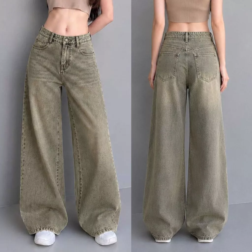 Quần Jean Bigsize Nữ Lưng Cao Tôn Dáng Màu Rêu Bụi Cá Tính Vải Mềm Mặc Thoải Mái VinTage - Q591
