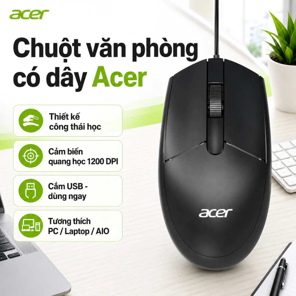 Acer Chuột Có Dây Văn Phòng, DPI 1200, Thiết Kế Công Thái Học, Cầm Êm Tay, Cảm Biến Quang Học, Dùng Cho Laptop PC
