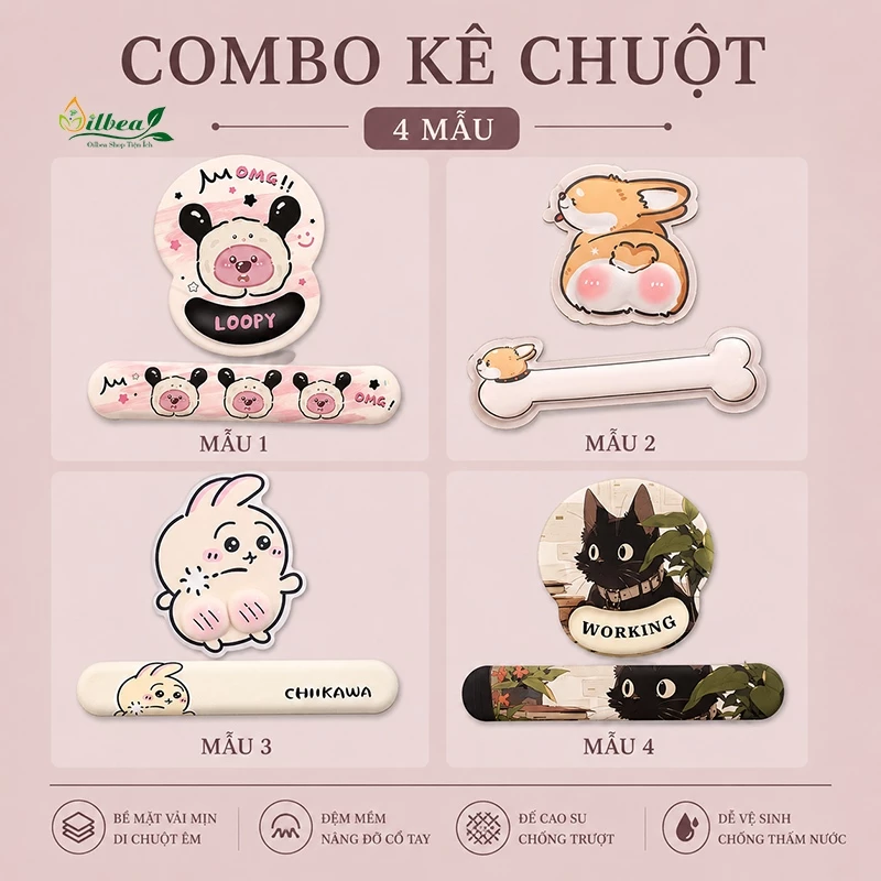 Bộ Lót Chuột Có Đệm Tay, Kê Tay Bàn Phím Chống Mõi Siêu Dễ Thương