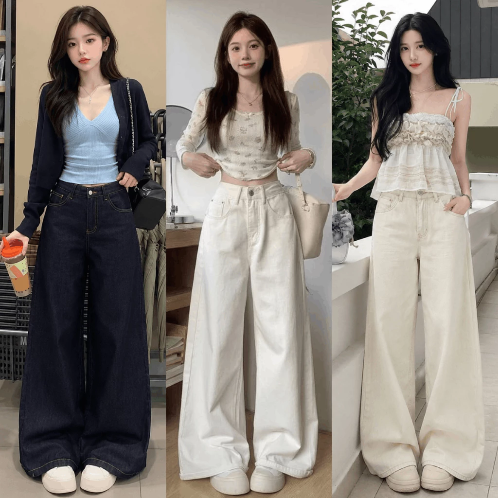 Quần Jean Nữ MIAA Trắng Trơn Suông Ống Rộng 28CM Dáng Dài Chất Jean Denim Mềm Cạp Cao Ôm Eo Hack Chân J09