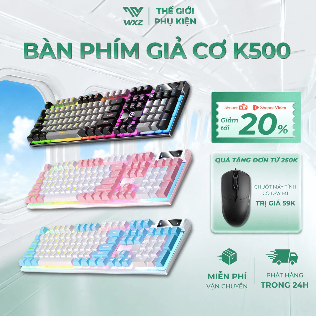 Bàn Phím K500 LED Rainbow Fullsize, Giả Cơ Gõ Êm Chống Nước Dành Cho Laptop PC Chơi Game Và Làm Việc