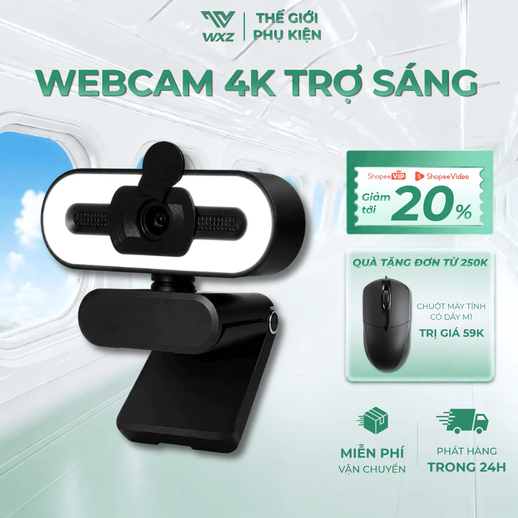 Webcam Máy Tính Độ Phân Giải 4K Ultra HD, 2 Micro Thu Âm Rõ Ràng, Góc Nhìn Rộng, Xoay 360 Độ